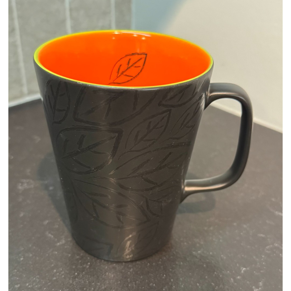 Starbucks Black Fall Leaves Mug Orange Inside w/ Green Rim 13oz 2007 Halloween